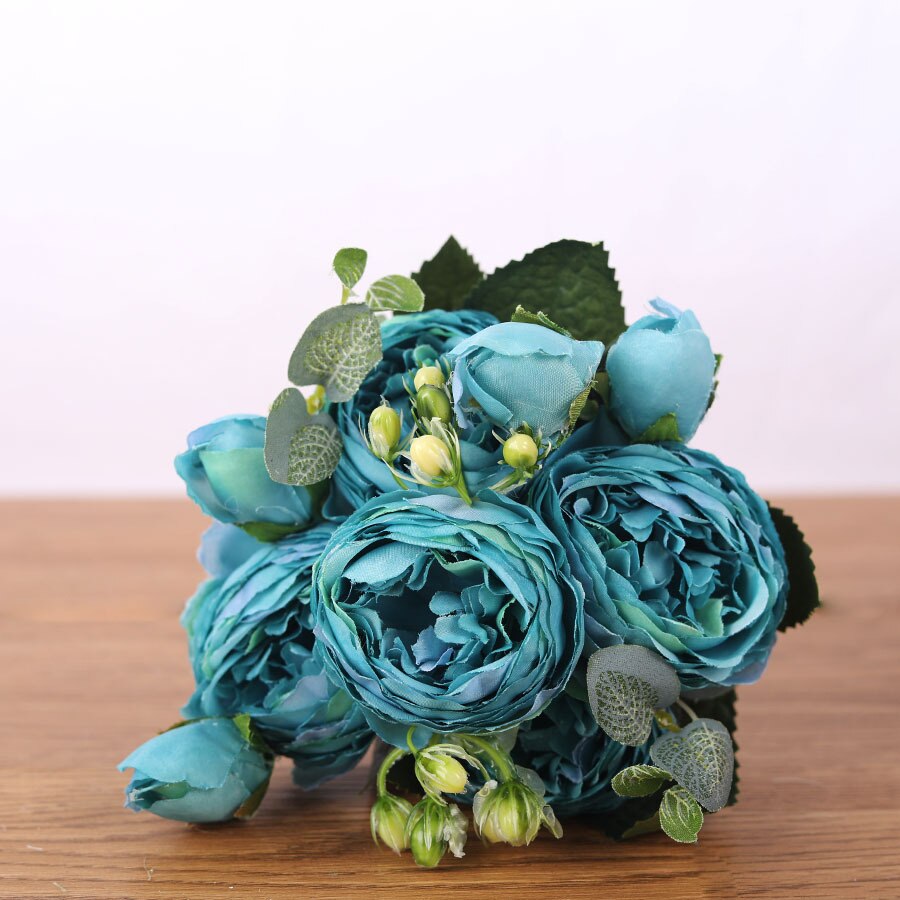 30 cm persisk rose korean buket pæon kunstig blomst 5 stort hoved 4 lille knopp bryllup boligindretning blomst fotografering prop: Blå