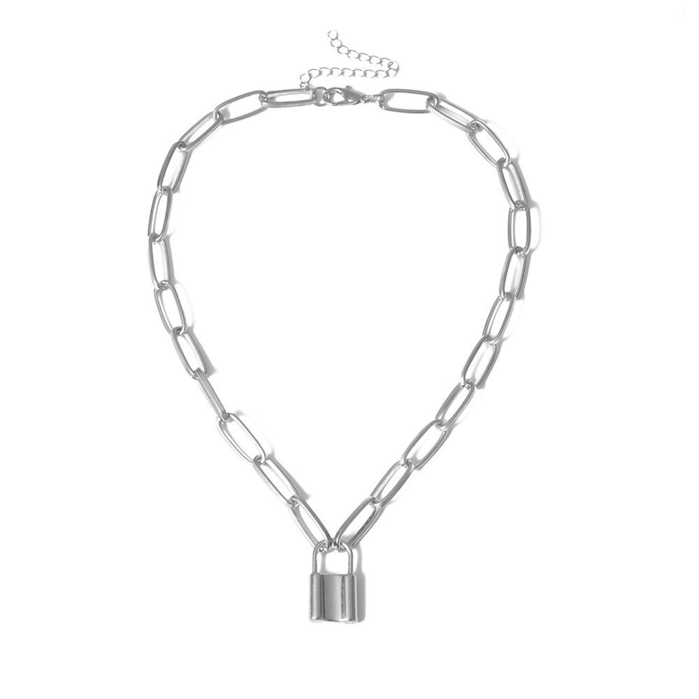 Collar con cadena en capas y candado para Mujer, gargantilla de candado con cierre, joyería Punk: NO1 silver