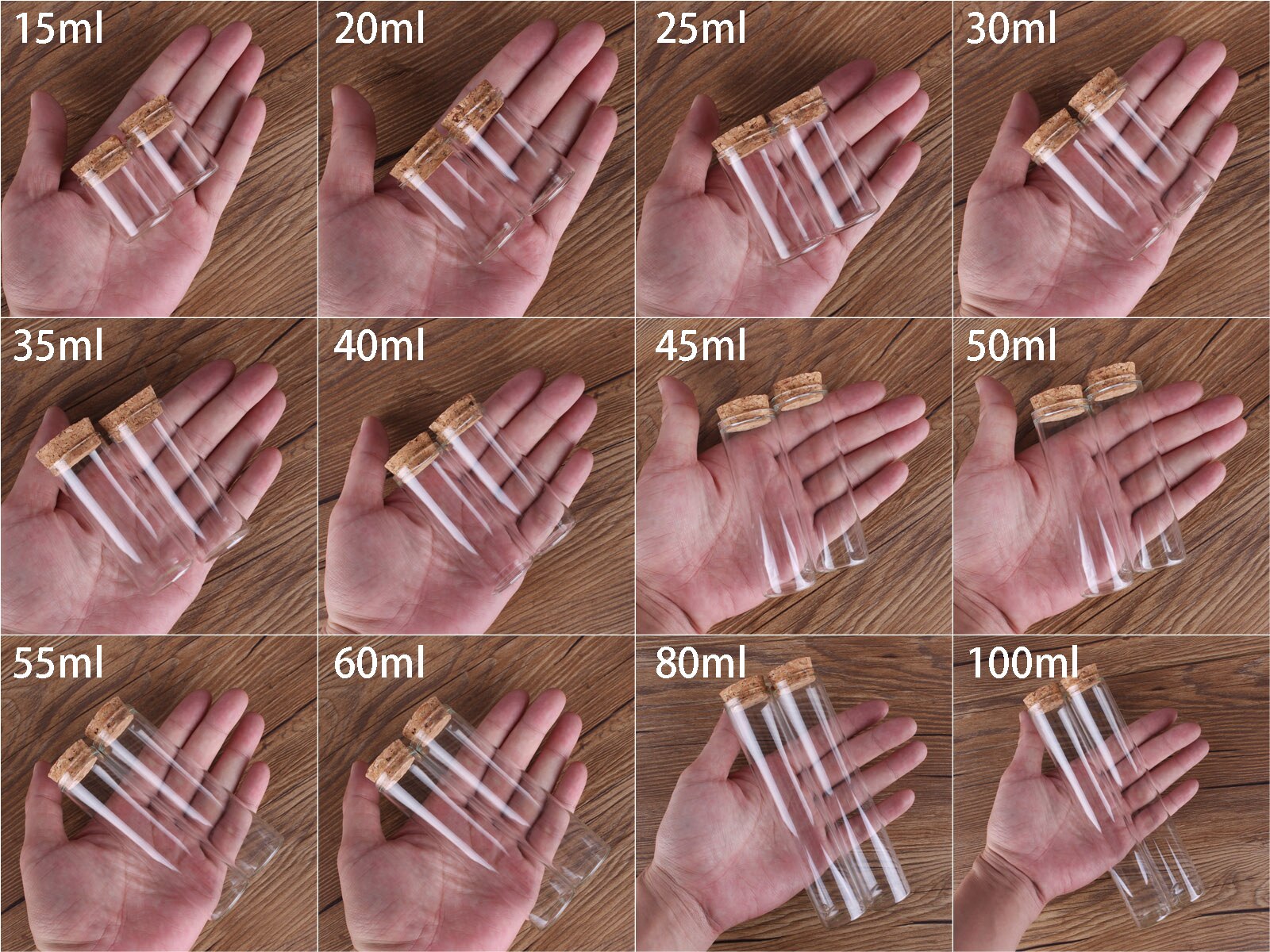 15ml/25ml/30ml/35ml/40ml/45ml/50ml/55ml/60ml/80ml/100ml små provrör i glas med korkpropp flaskor burkar injektionsflaskor 24 st