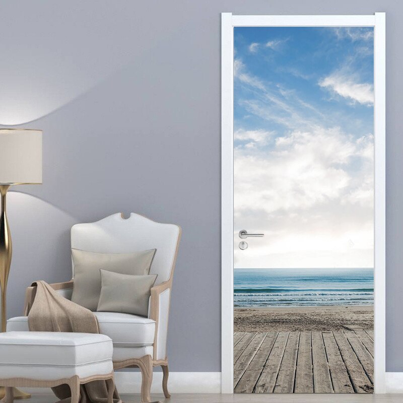 3D Deur Muurschilderingen Blauwe Hemel En Witte Wolken Zee Behang Woonkamer Keuken Deur Decoratie Pvc Zelfklevende Waterdichte stickers