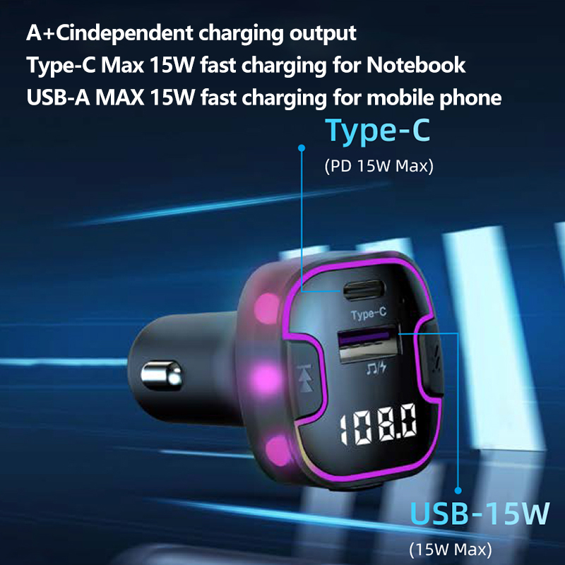 Bluetooth 5.3 Fm-zender Carkit Handenvrij Achterste Rij Dual USB Autolader 3.1A Ondersteuning U disk MP3 Modulator Muziekspeler