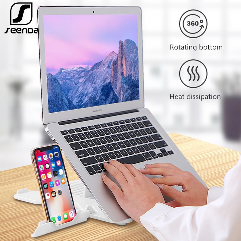 Seenda Folding Laptop Stand 360 Degree Rotating Ergonomic Notebook Stand Desktop Cooling Pad Bracket With Phone Stand