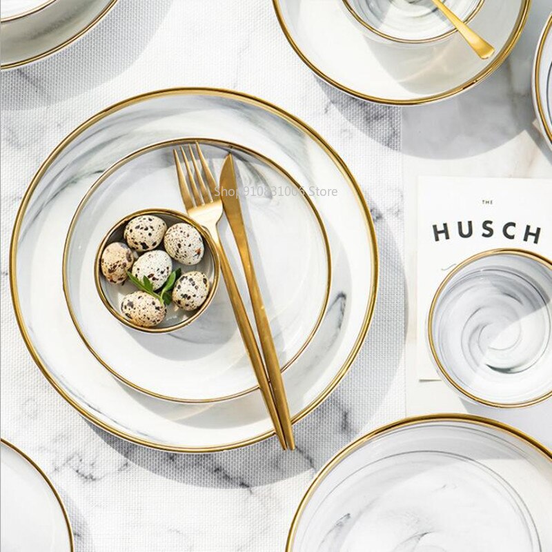 Golden marble plate set ceramic kitchen utensils salad noodle bowl soup dinner set plates and dishes ceramic bowl