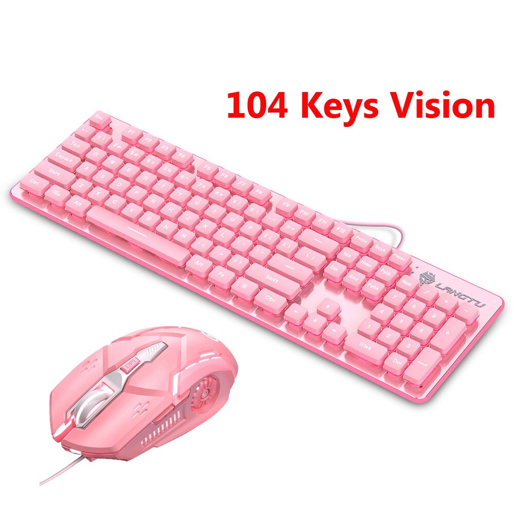 keyboard and Mouse set Wired Desktop Computer Game Gaming 87-key Girl Cute Pink Mute Office Notebook Keyboard: 104 Keys 2 in 1