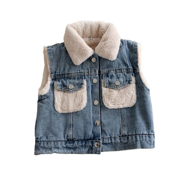 Neue Denim Art Weste Winter Mäntel Warme Vlies Baby Mädchen Jungen Weste freundlicher Outfits freundlicher Oberbekleidung Für 70-140cm: 4T