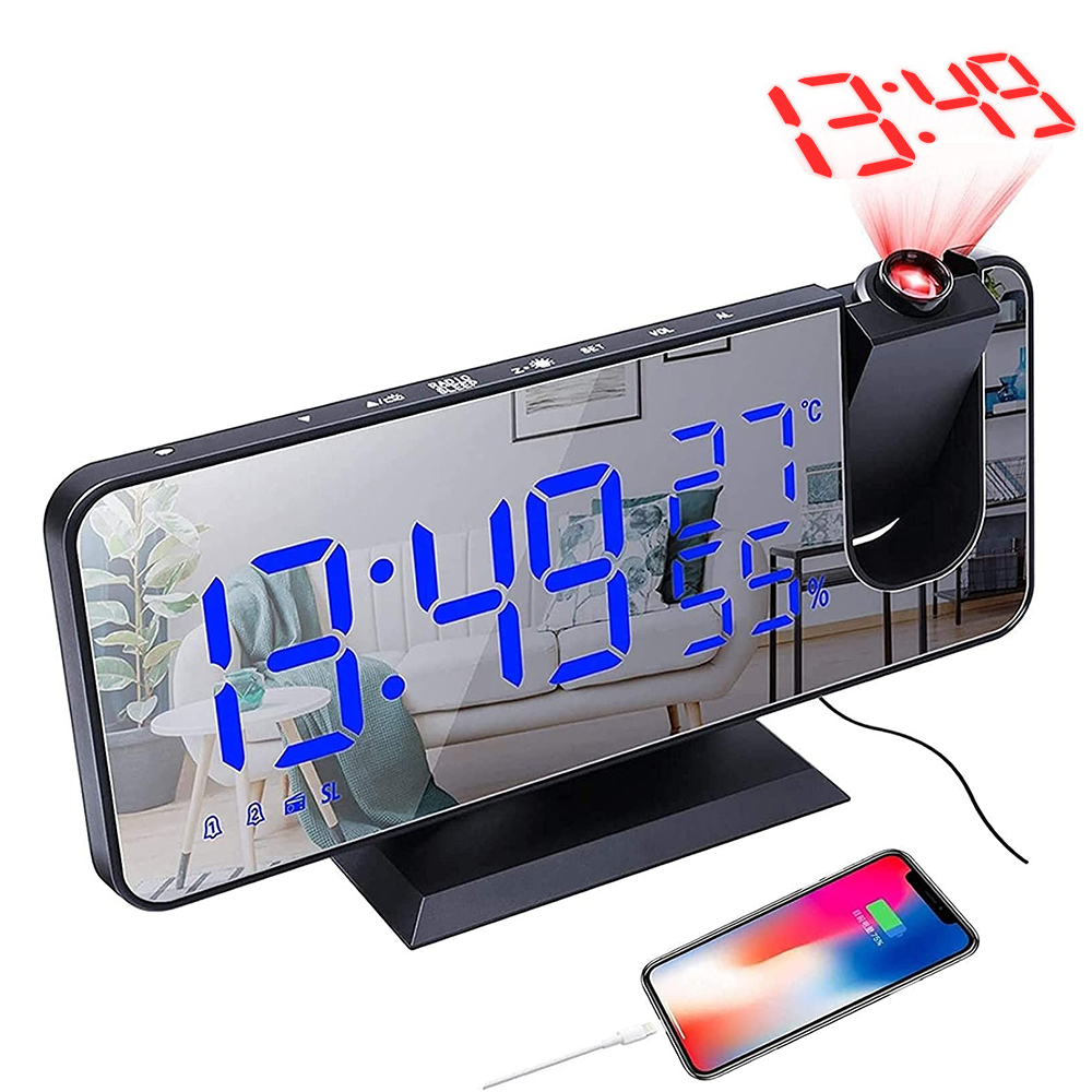 Led Digital Projection Alarm Clock Electronic Desktop Clock Usb Charge Radio Time Projector Snooze Function Bedside Time Display: black