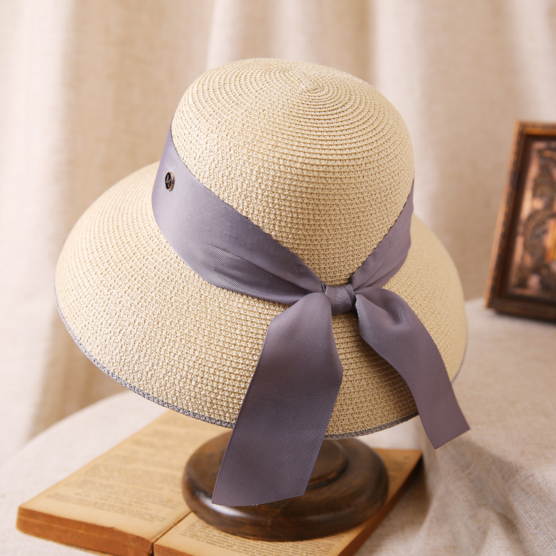 Hepburn-Sombrero de sol con lazo para mujer, sombrero de paja, sombrero de cubo, protector solar de color, sombrero de playa,: Caqui