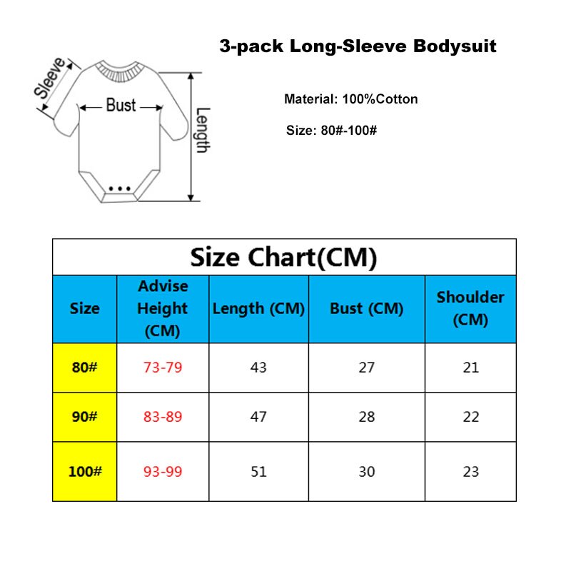 Lot de 3- bodies à manches longues pour bébé, 100%  pièces en coton avec imprimé animal, vêtements pour filles et garçons