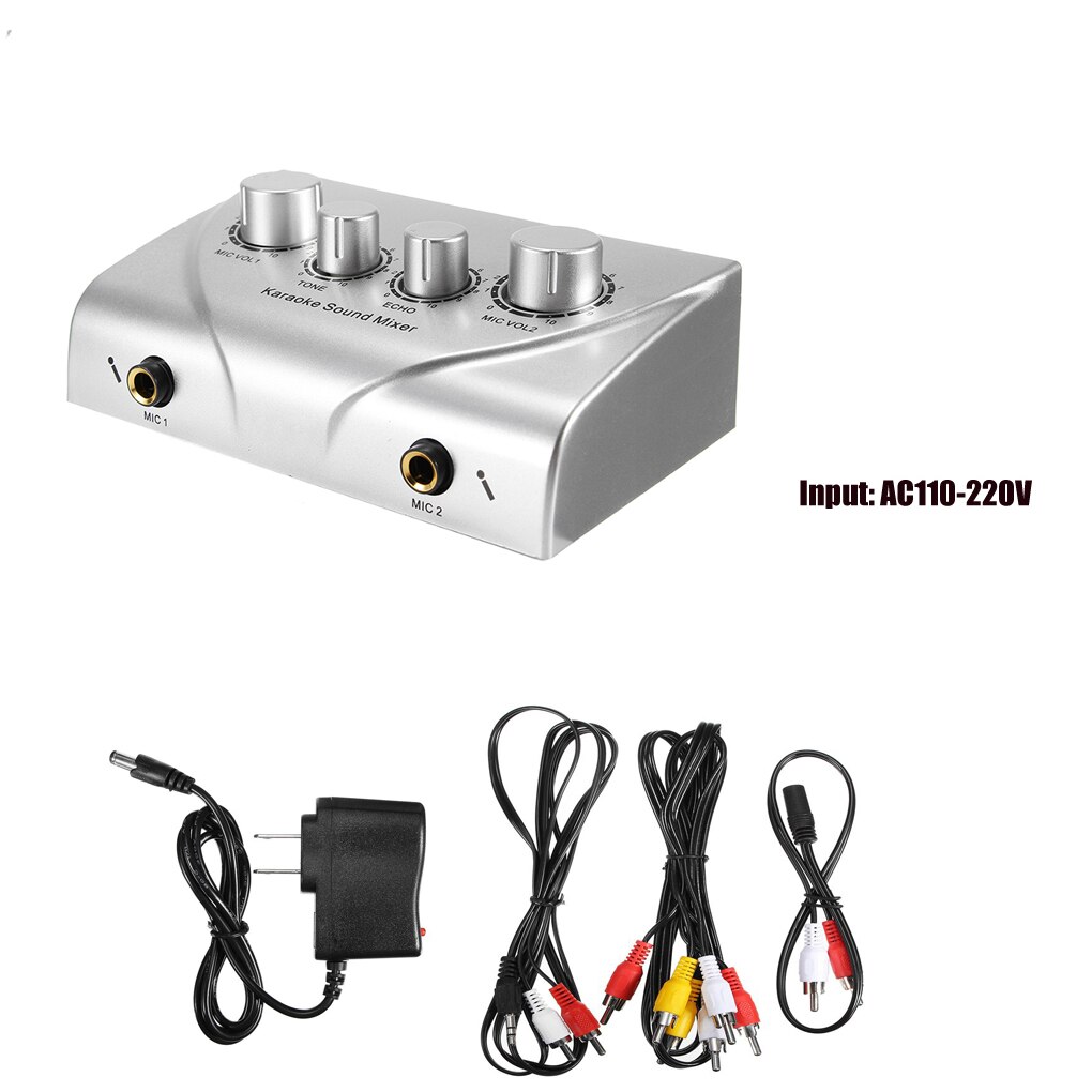 Portable Dual Mic Inputs Audio Sound Mixer For Amplifier & Microphone Karaoke OK Mixer: silver US Plug