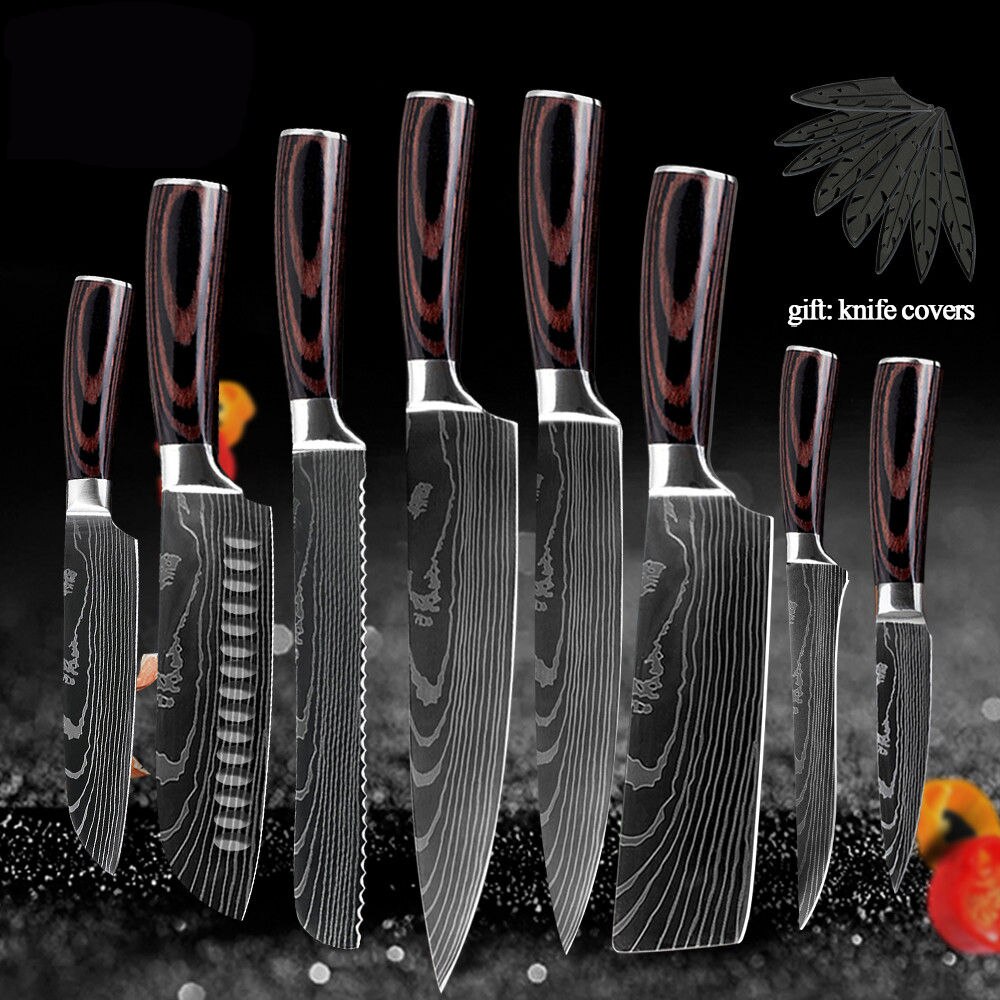 XYj Professionelle Küche Koch Messer Set Japanischen 7CR17 High Carbon Edelstahl Nachahmung Damaskus Muster Kochen Messer Set