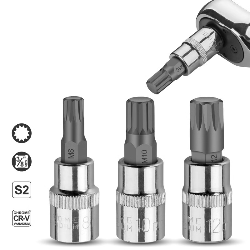 1PC 3/8" Drive S2 Alloy Spline Screwdriver Bits 12 Point MM Spline Socket Bit M8 M10 M12