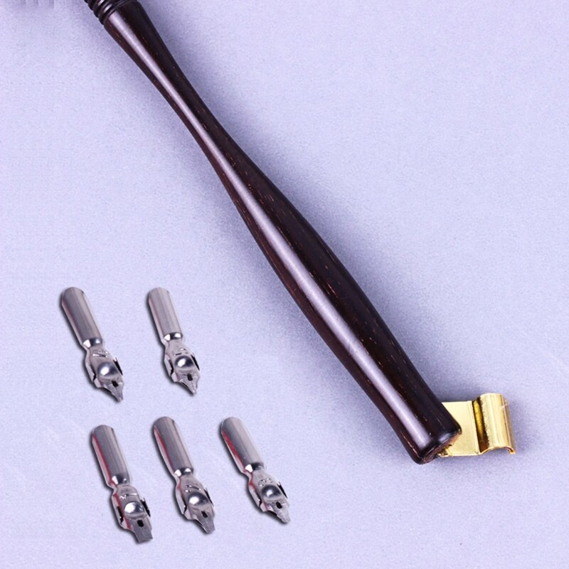 Handmade Calligraphy Set of Wooden Dip Pen, Including 5 Nibs and a Mahogany Pen Barrel X3UE
