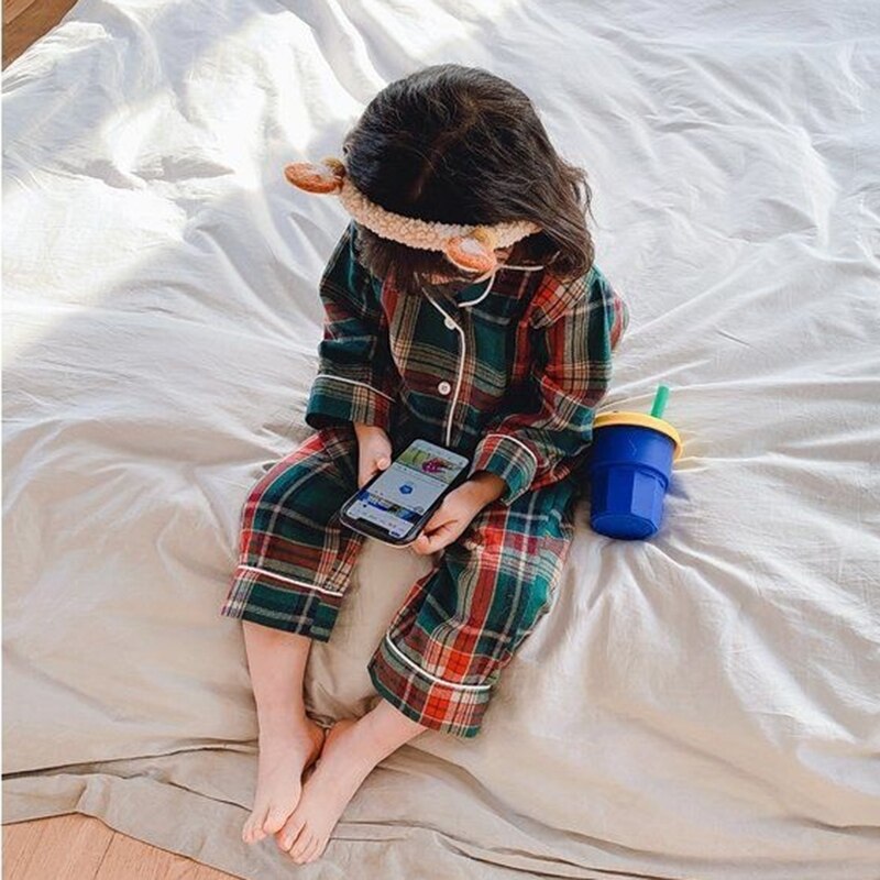 Ensemble de pyjama à carreaux à col rabattu pour filles, 2 couleurs, Cardigan, vêtements de nuit, pour enfants en bas âge