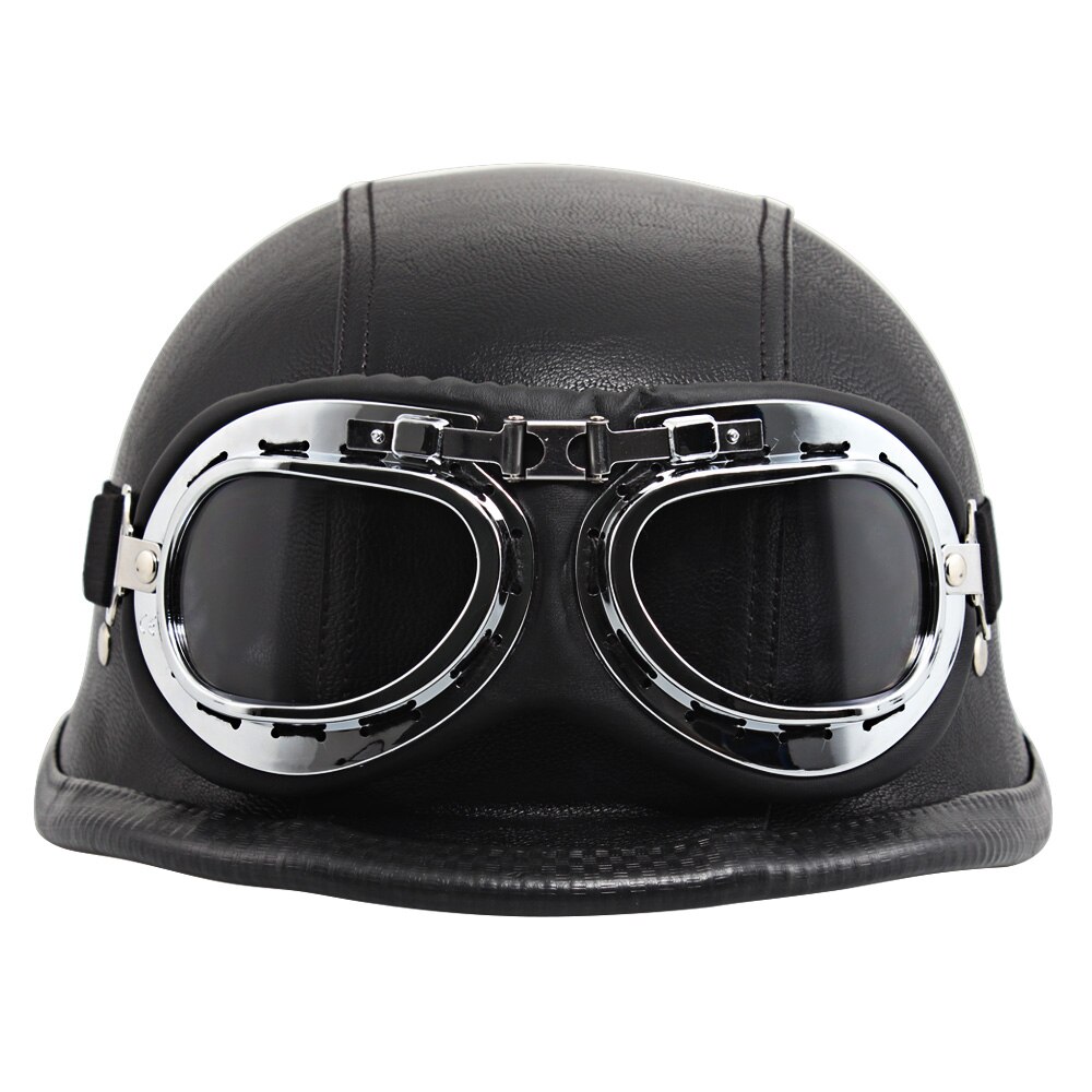 Leer Motorfiets Vintage Helm Duitse Motorbike Open Gezicht Half Helm Met Bril Chopper Biker Pilot Scooter Cruiser