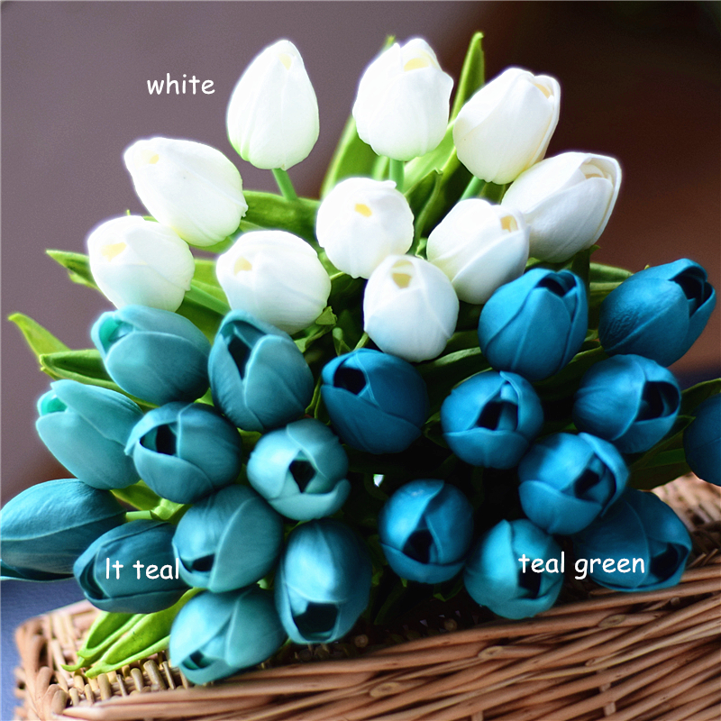 10 ks modrozelené tulipány umelé kvety skutočný dotyk pu artificiales para decora kytica domov svadobná výzdoba umelé kvety: Zmiešaná farba listov