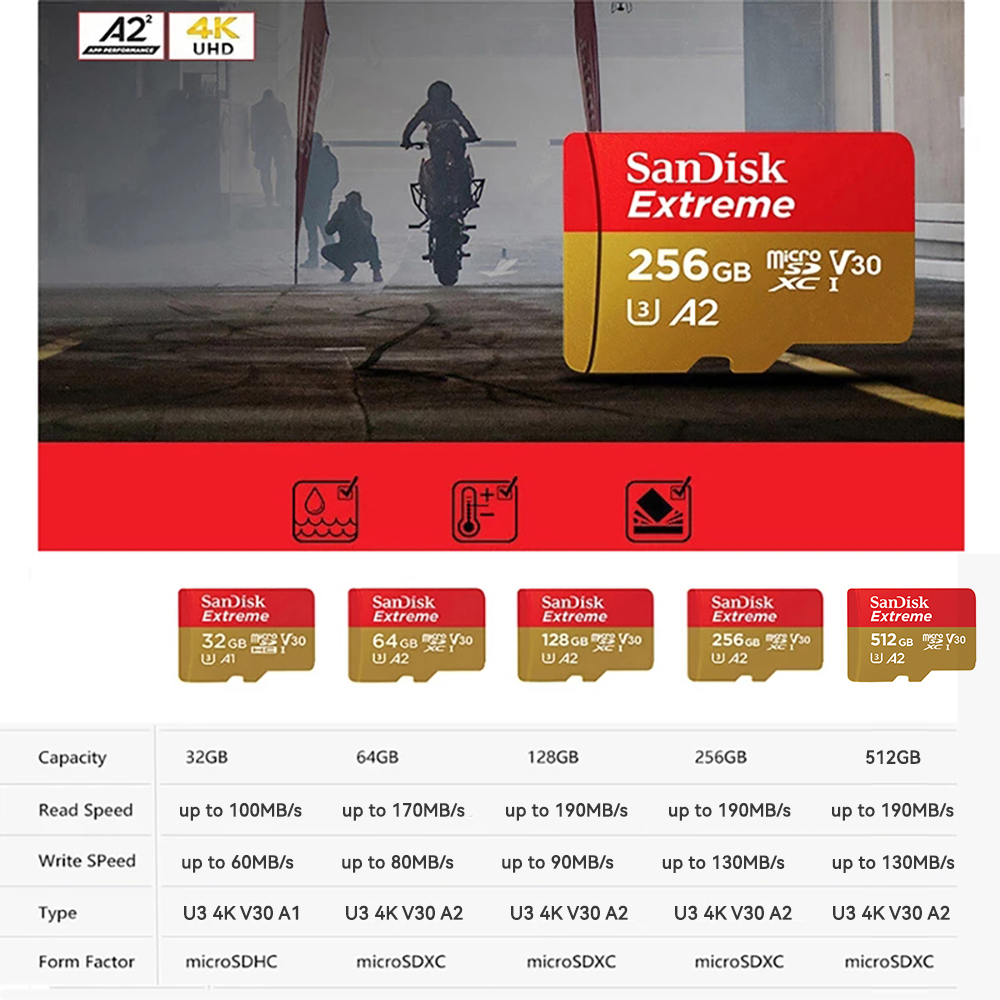 100% SanDisk Extreme MicroSD Card U3 A2 Memory Card V30 256GB 128GB 64GB 32GB Original TF Card A1 for Camera 512gB 1TB SDXC tf