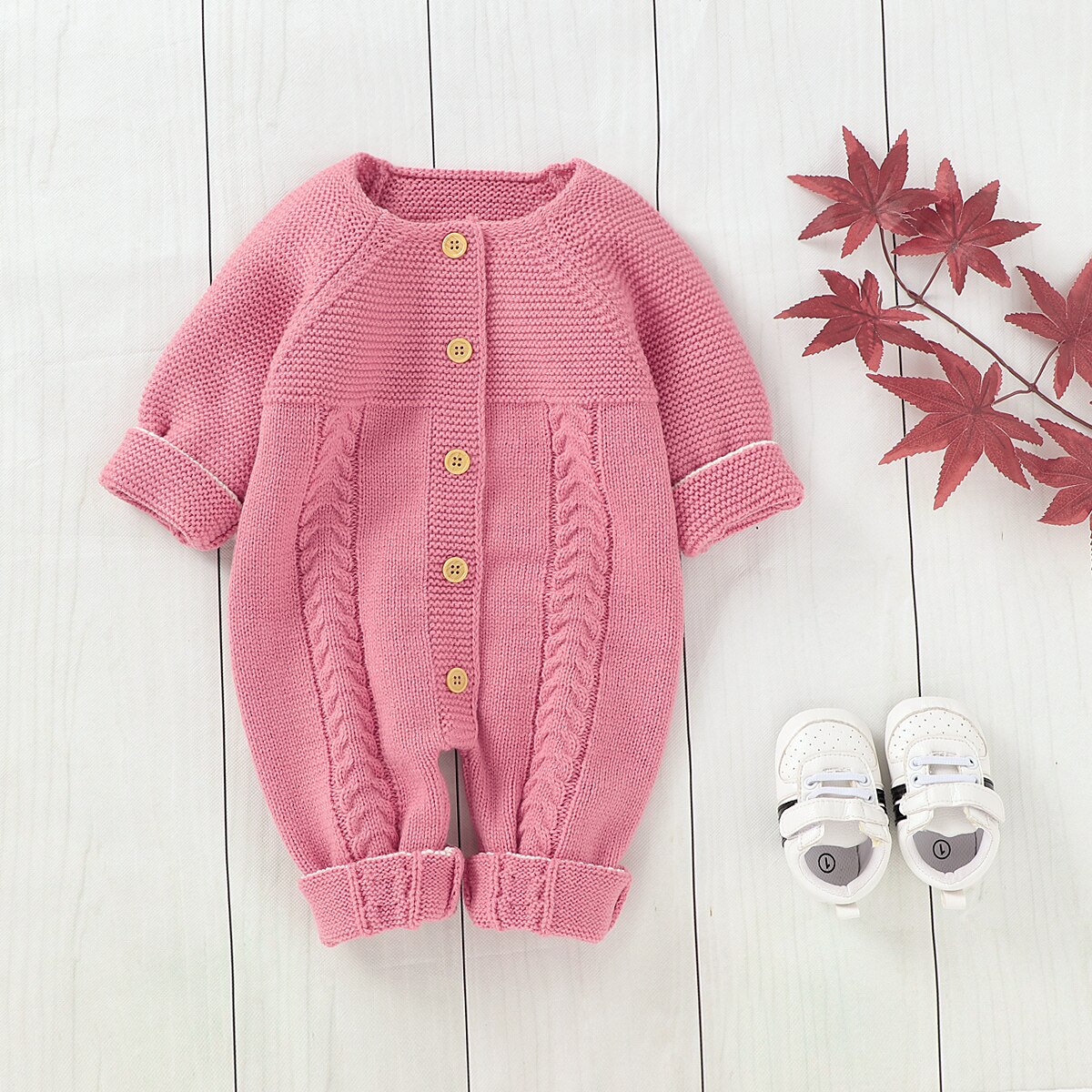 Efterår vinter spædbarn baby pige strikket romper knap langærmet jumpsuit legetøjs sweater: Lyserød / 12m