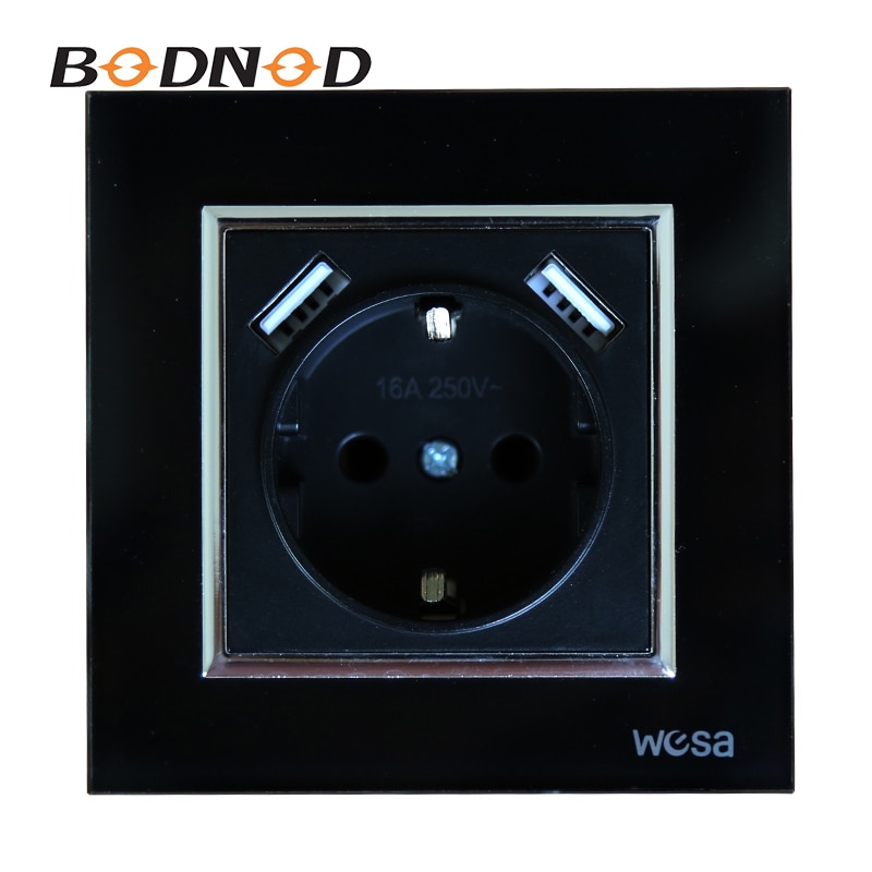 Nowy projekt podwójne USB ściany, jeden gniazdo ziemi 5V 2A czarne szkło hartowane rama FB-19 ścienne gniazdo USB gorący europejski standard
