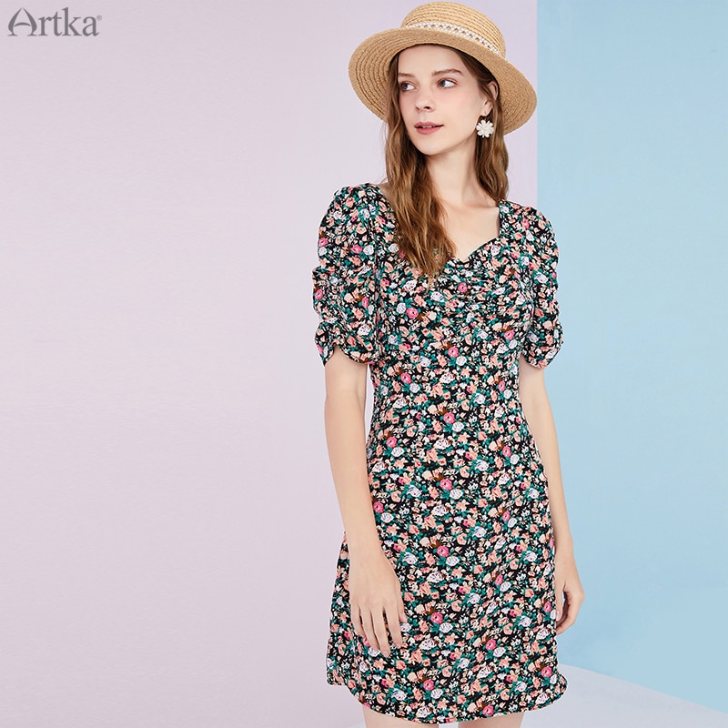 Artka sommar kvinnor klänning franska vintage fyrkant krage klänningar blommigt tryck puff ärm chiffong klänning kvinnor  la25806x