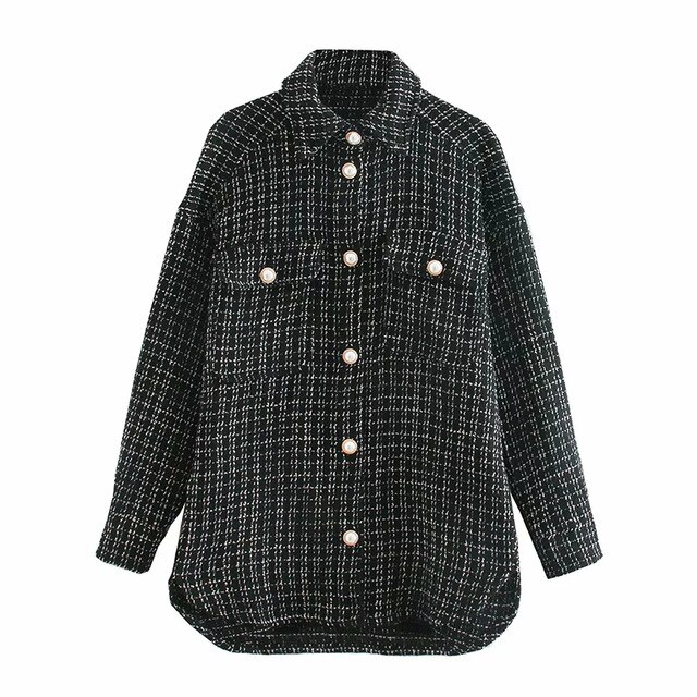 Tweed dam vintage oversize rutiga långa skjortor höst chica dam streetwear lös skjorta kvinnliga outfits tjejer: Svart / S