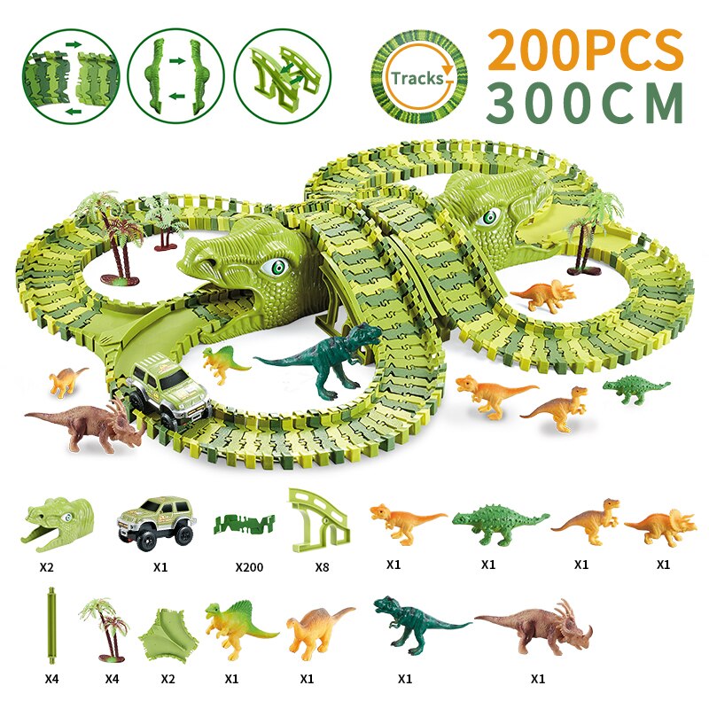 Dinosaurus Spoorweg Speelgoed Auto Spoor Racing Spoor Speelgoed Set Educatief Bocht Flexibele Race Track Flash Light Auto Speelgoed Voor Kinderen jongens: 200 PCS