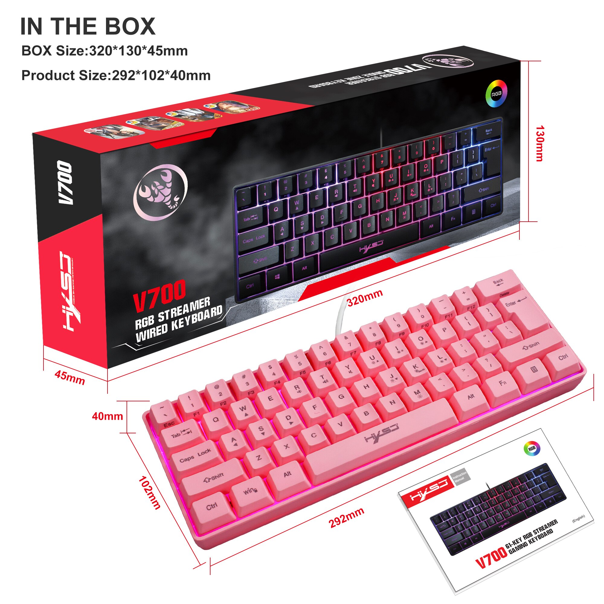 61 Keys Gaming Keyboard RGB Backlight Keyboard And Mouse Wired Gamer Keyboard for Computer MAC PS4: Pink