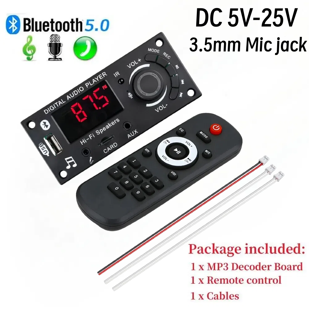 Wzmacniacz 100W Bluetooth 5.0 DIY Dekoder MP3 WAV Płytka DC 12V 50W Bezprzewodowy samochodowy odtwarzacz USB MP3 Gniazdo karty TF USB FM z mikrofonem 3,5 mm: WHITE