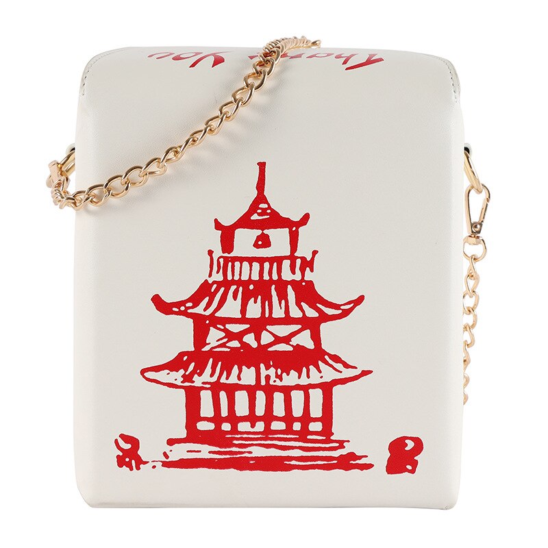 Women Ladies Creativity Leather Crossbody Bag Chinese Take-Out Box Shape Tower Print Shoulder Bag with Chain Strap: White