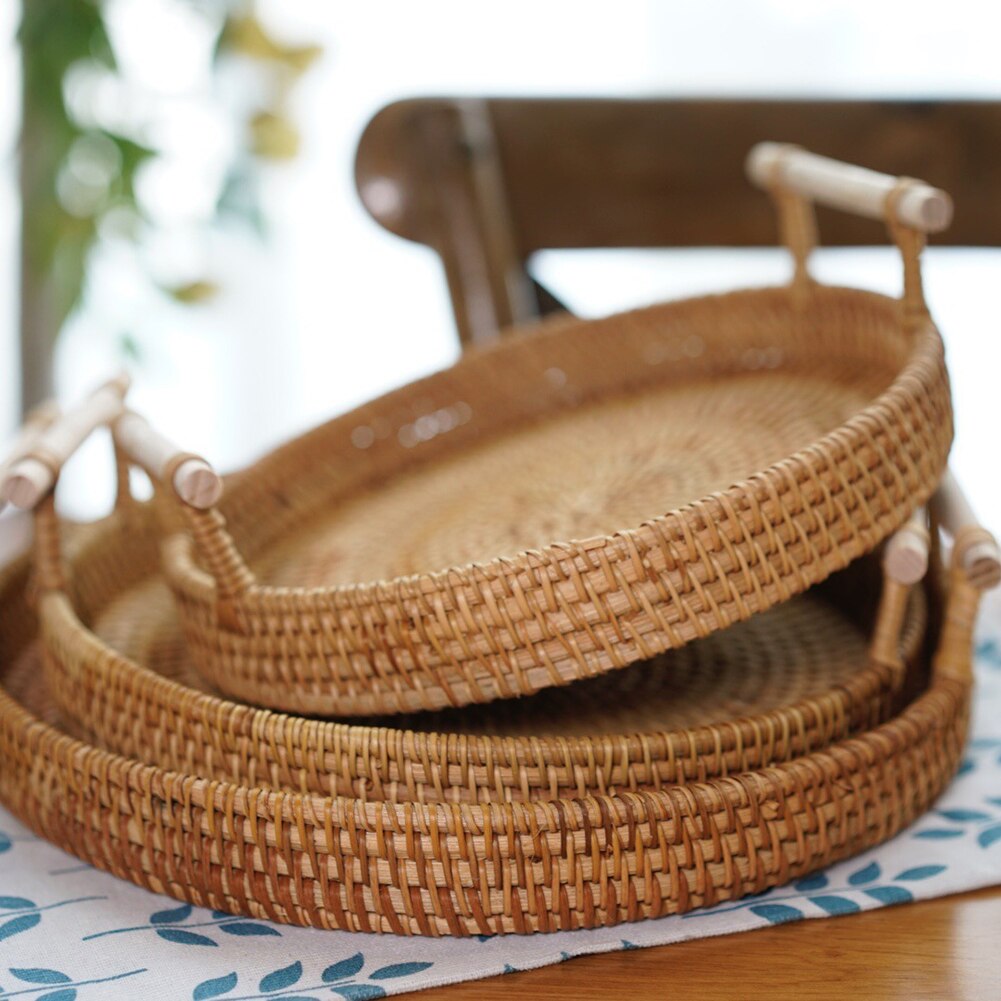 Vassoio tondo intrecciato in Rattan piatto a doppio orecchio intrecciato per frutta e verdura per cucina rotonda colazione bevanda Snack