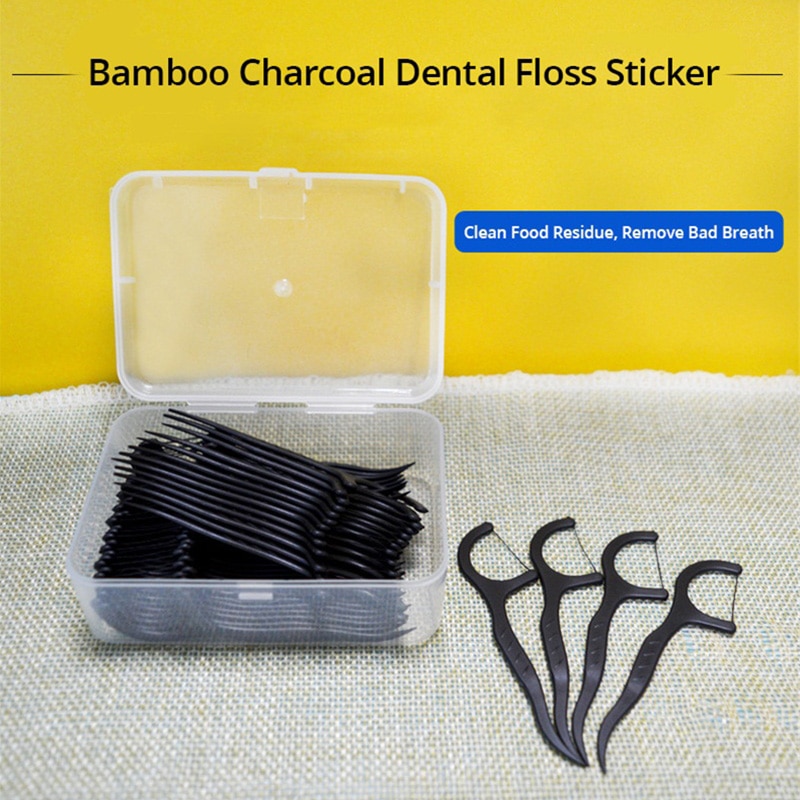 50 Stuks/doos PJKQ001 Actieve Bamboe Houtskool Tandheelkundige Flosser Tanden Tandsteen Dagelijks Gebruik Dental Floss