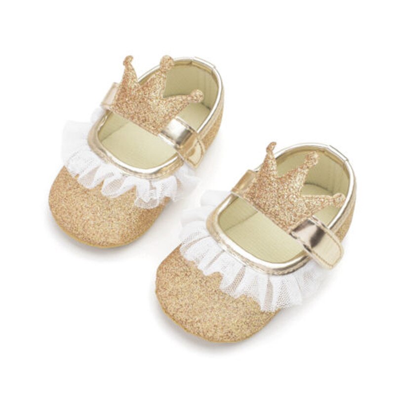 CANIS PU cuero princesa bebé niña princesa encaje zapatos chico niñas suela suave cuna zapatos Prewalker lindo: Dorado / 13-18 meses