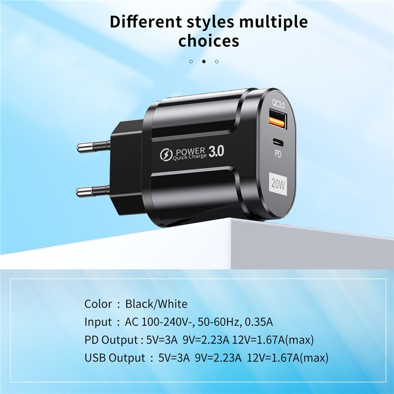 USLION 20W USB PD caricabatterie rapido QC3.0 USB ricarica rapida per iPhone Xiaomi Samsung il telefono adattatore di ricarica USB mobile spina ue usa