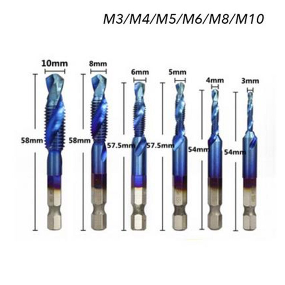 6pcs Hex Shank Drill Bit M3-M10 Threaded Blue-coated Tap Drill Bit Hexagonal Shank Cut Tool Composite Wire Tapping Screw Bit Hss