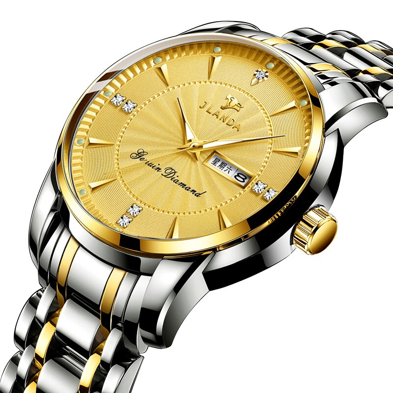 JLANDA-Reloj de pulsera de acero inoxidable para Hombre, Reloj de lujo clásico, de negocios, con fecha y semana, de cuarzo: Gold Silver Gold