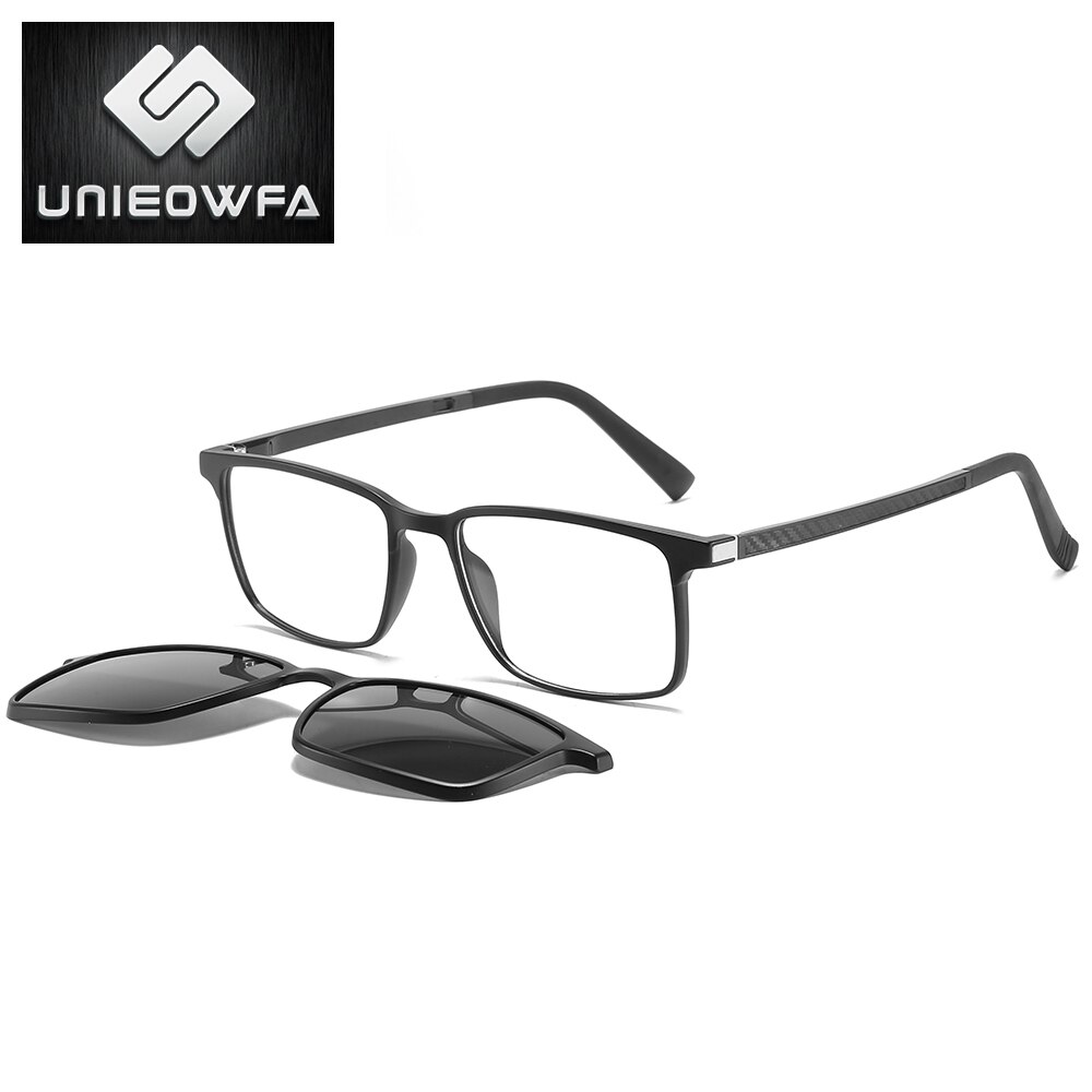 2 in1 Magnet Clip On Glasses Frame Men Prescription Optical Frame Eyeglasses Male Myopia Polarized Magnet Clip On Sunglasses: 1909 Black 1 in1