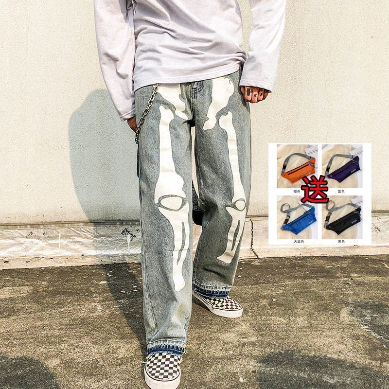 Jeans Man Straight pants loose Denim Pants Hip Hop Skeleton Bone Pattern Retro StreetStyle Jean men Trousers: XXL