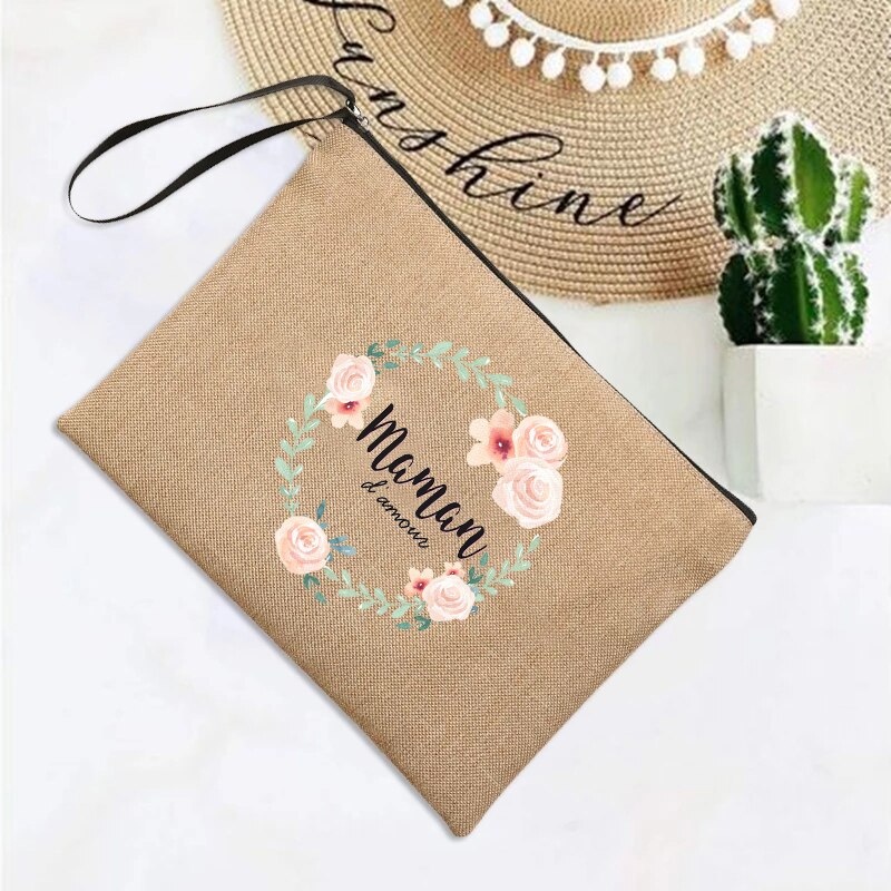 Franse Print Eenvoudige Linnen Polsbandje Clutch Bag Mom Shopping Portemonnee Strand Reizen Organizer Make Case Moederdag