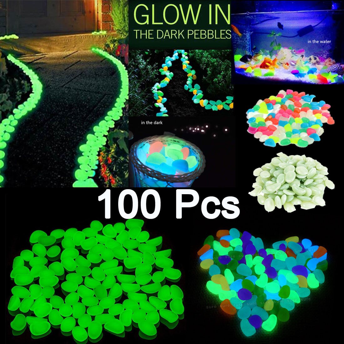 100 stuks lichtgevende donkere tuinkiezels, lichtgevende stenen, rotsen, paden, tuinpaden, patio, gazon, tuindecoratie, lichtgevende stenen, decoraties
