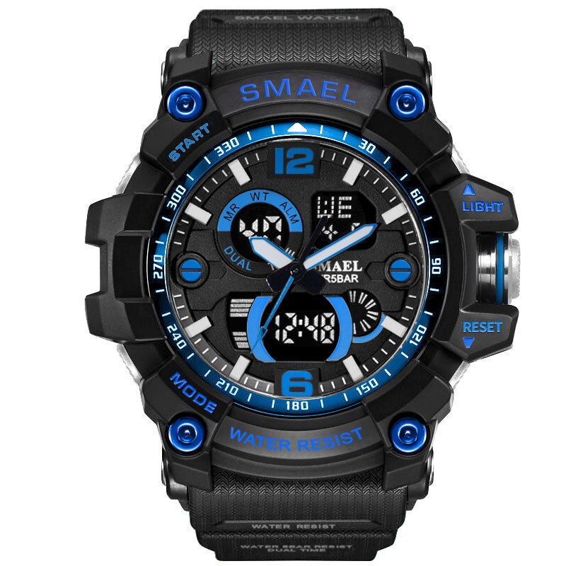 SMAEL Luxe Dual Display Horloges Mannen Sport multifunctionele Waterdichte LED Elektronische Digitale Horloge Alarm Week Datum Relogio: Blue 