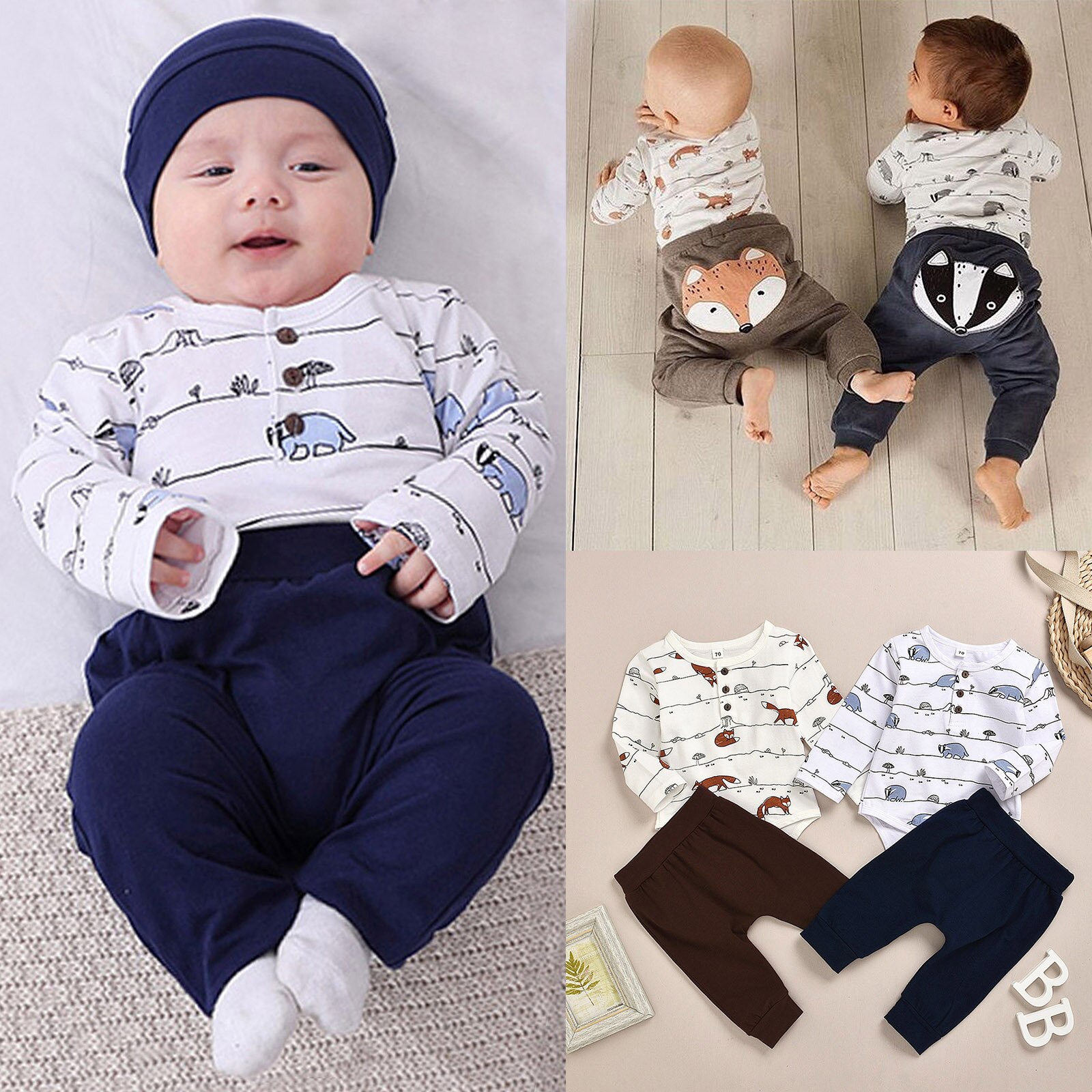 Novo inverno infantil babys meninos recém-nascidos roupas siamesas bonito dos desenhos animados impresso macacão e calças terno quente do bebê meninos roupas