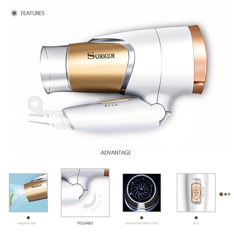 Surker-secador de pelo de anión, plegable, 1600W, herramientas de secado de cabello rápido, 3 archivos, Mini secador de pelo, suszarka do wlosow SK-3909