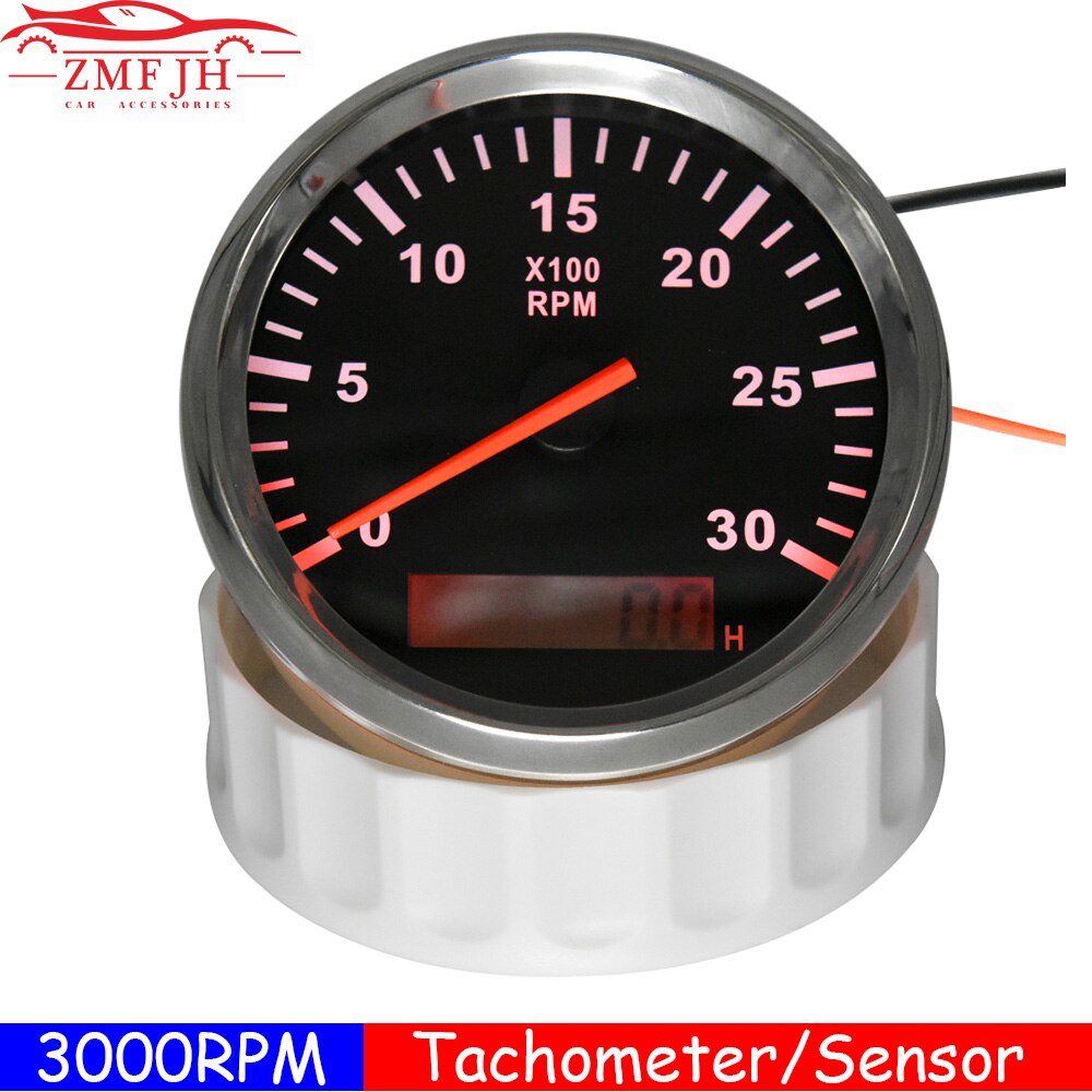 3000 RPM Tachometer Gauge Tach Sensor REV Counter with Hour Meter 85mm Gasoline Diesel 12V 24V Red LED Tacho Sensor M16 M18