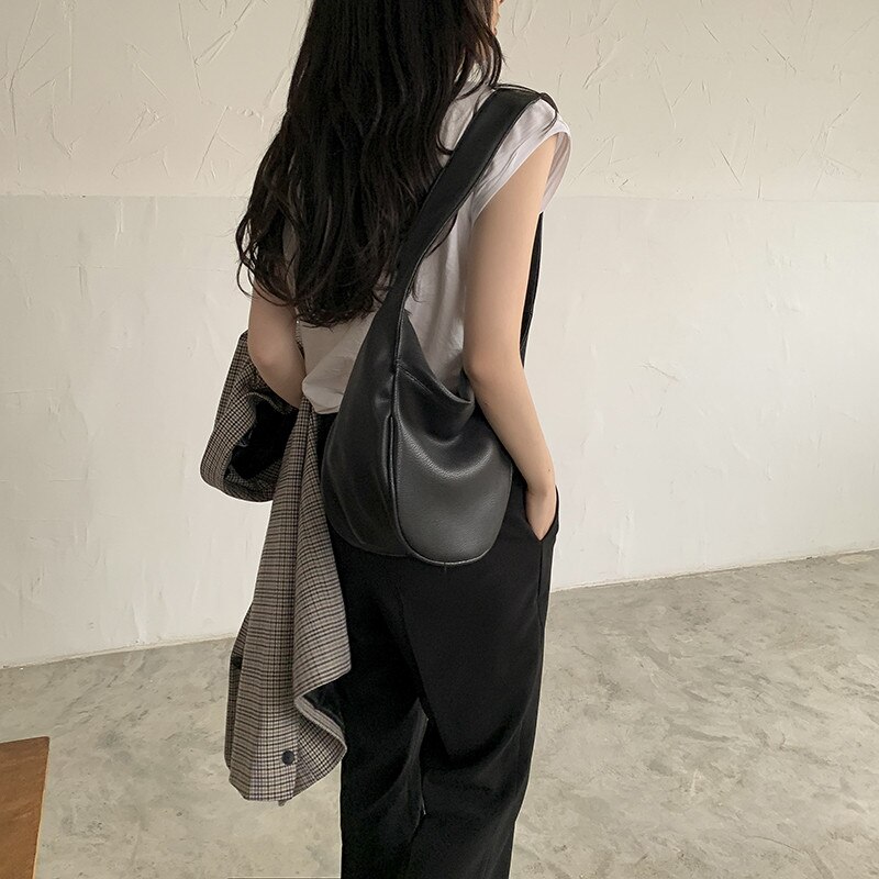 Bolso hobos de estilo coreano para mujer, bolsa de gran capacidad, con correa ancha, informal, de piel sintética suave, para hombro