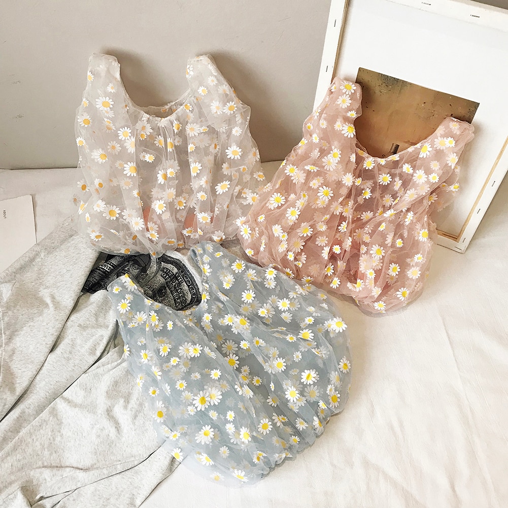 Spring Women Small Transparent Tote Mesh Cloth Bag Daisy Embroidery Handbag Eco Fruit Bag Purse For Girls