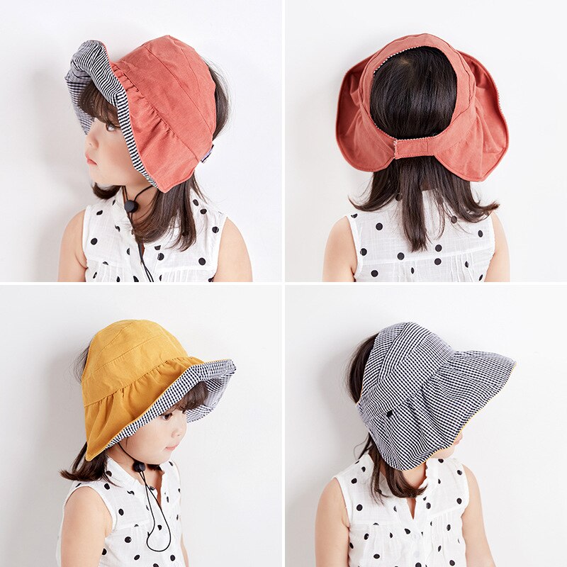 Chapeau d'été pour bébé fille, casquette Double face pliable pour bébé, chapeau seau en coton réglable pour enfants, chapeaux de soleil avec corde à vent,