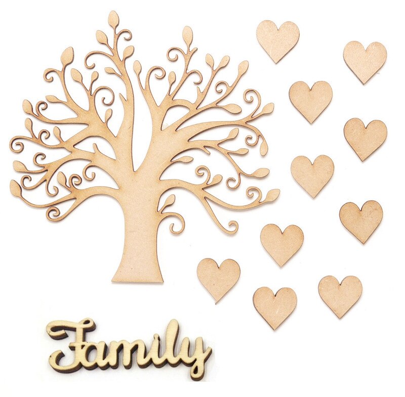 Wooden MDF Family Tree Set kit with Wooden Love Hearts Family Word Wooden DIY Craft Blank Shapes: Family Tree Set