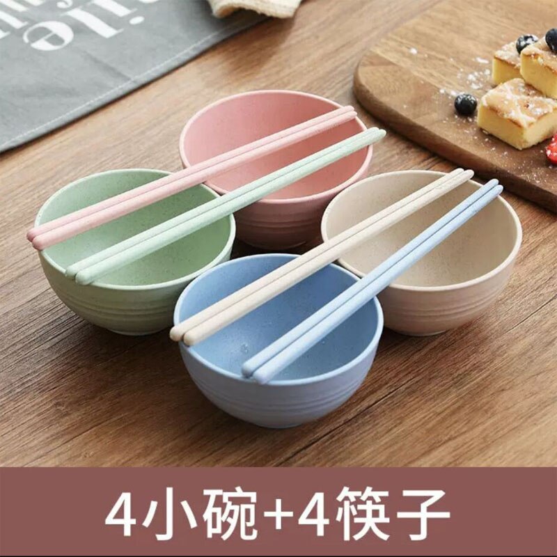 4pcs/Set Wheat Straw Tableware Set Cutlery Baby Children Dishware Simple Dishes Salad Bowl Steak Plate Dinnerware: A8     A1with 4chop