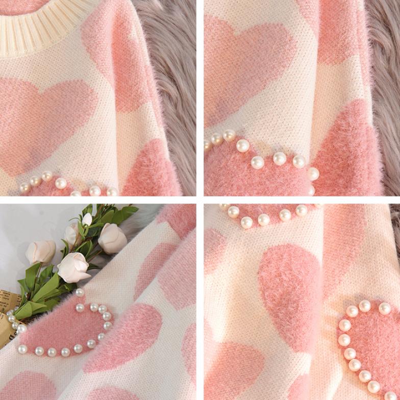 Pull en Jacquard épais tricoté pour femme, ample et rose avec perles, style coréen, collection automne et hiver