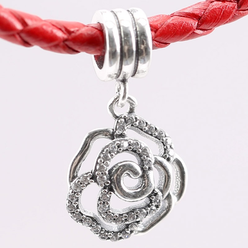 Originele Opengewerkte Rose Bloem Met Crystal Hanger Kraal Fit 925 Sterling Zilveren Kraal Charm Armband Diy Sieraden