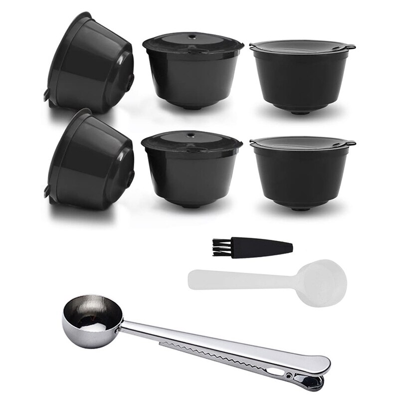 Refillable Coffee Capsule Machine for D0Lce Gusto with A Scoop, Brush and Spoon for Nescafe Machine Dolci: Black 6 Capsule